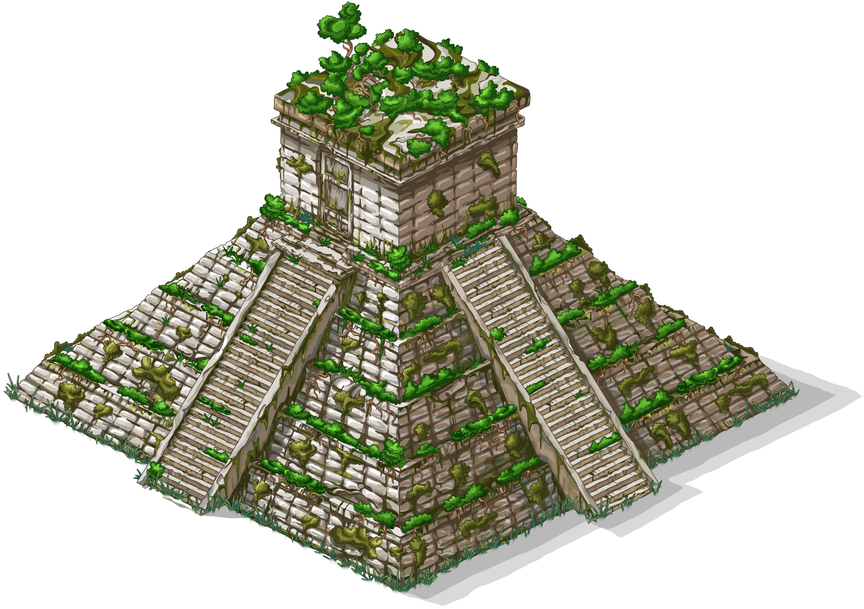 The Miscrian Temple, an ancient building inspired by Aztec temples. It is covered by vines and plant growths.